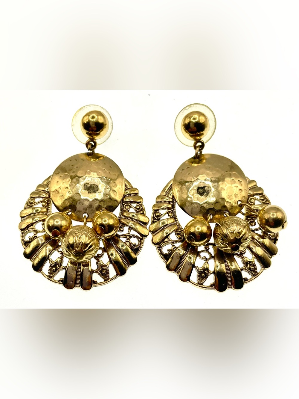 Vintage Gold Tone Boho Dangle Earrings Textured Hammered Openwork Statement